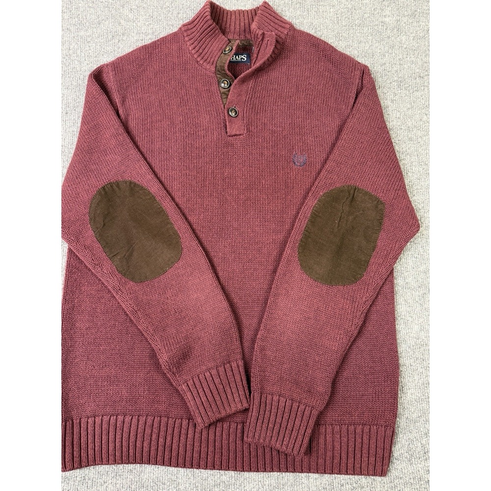 Chaps Men's 100% Cotton Sweater Shawl Collar Burgundy Brown Elbow Patches L